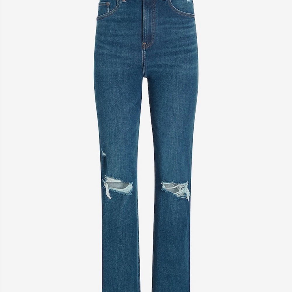 New!!  Express , Super High Waisted FleX Dark
Wash Ripped Modern Straight Jeans